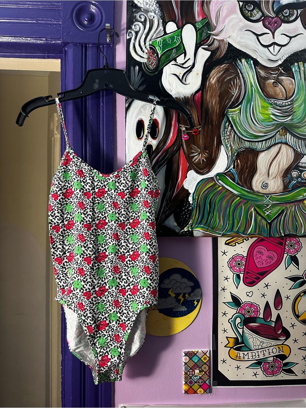 ethika White Floral & Leopard Print Bodysuit with red and Green Accents